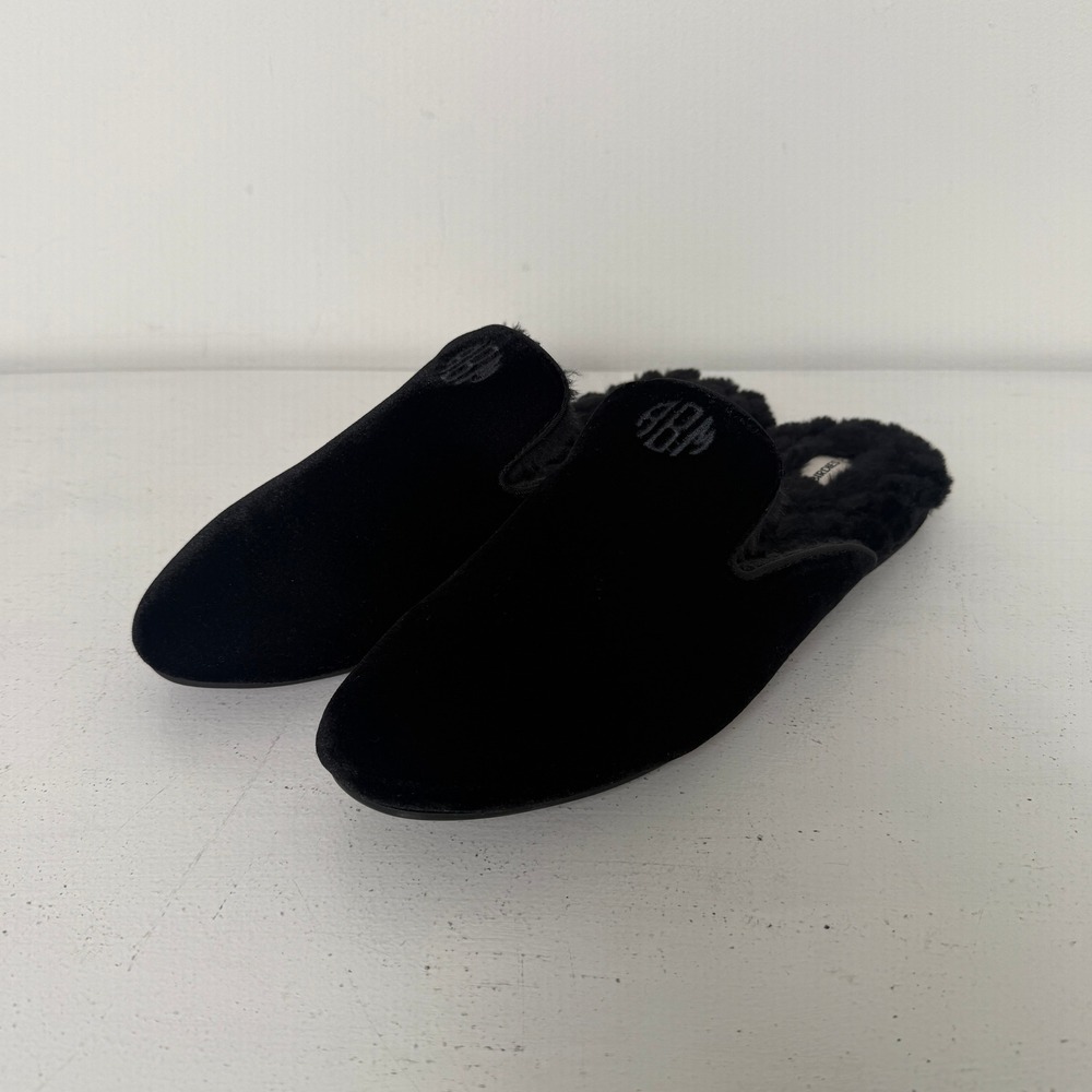 Birdies The Phoebe Black Velvet Faux Fur Lined‎ Monogram Mule Slippers Mens 10.5